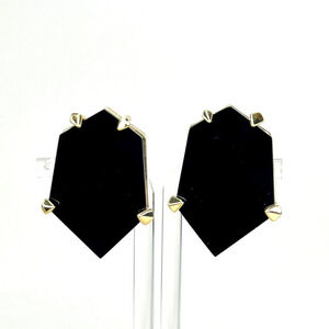 Nicholas Liu Vintage Black Onyx Hexagon Geometric Clip On Earrings Gold Metal